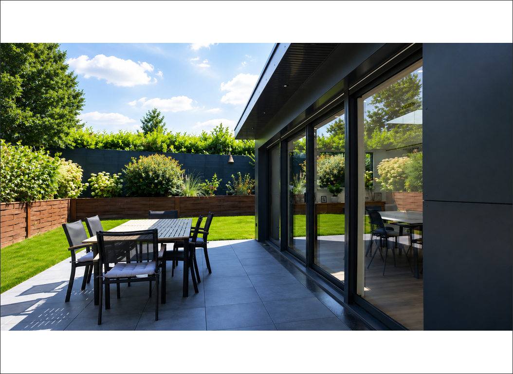 terrasse et baies vitrées de l’extension en ossature bois à Radinghem (Nord)