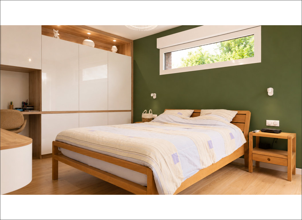 chambre de la suite parentale avec mur vert et rangements à Wandignies-Hamage (Nord)