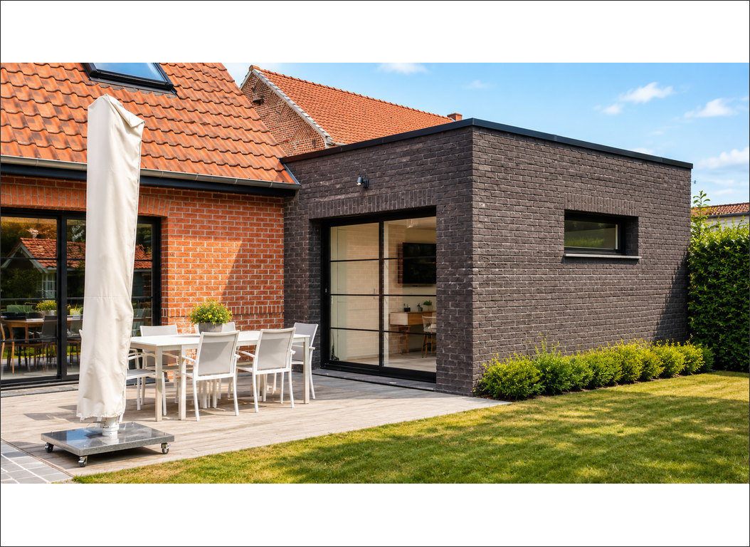 angle de l’extension avec baie vitrée et terrasse à Wandignies-Hamage (Nord)